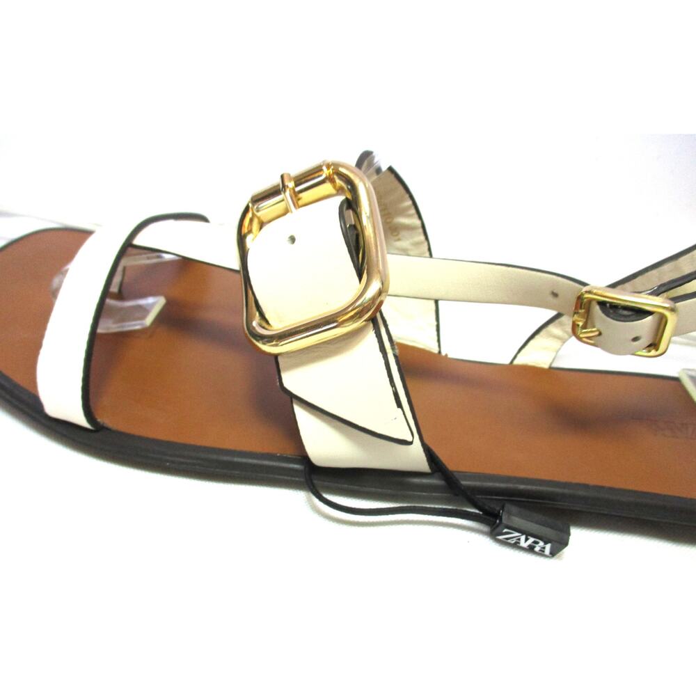 New ZARA Cream Leather Gold Buckle Strappy Flat Sandals Women Sz 8.5 - Picture 6 of 9